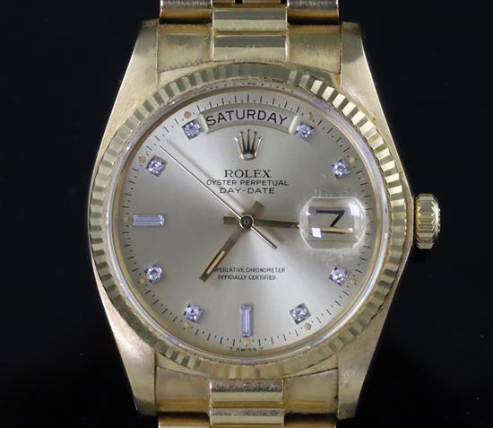 A gentlemans 1980s? 18ct gold Rolex Oyster Perpetual Day Date wristwatch, on 18ct gold Rolex bracelet with deployment clasp,